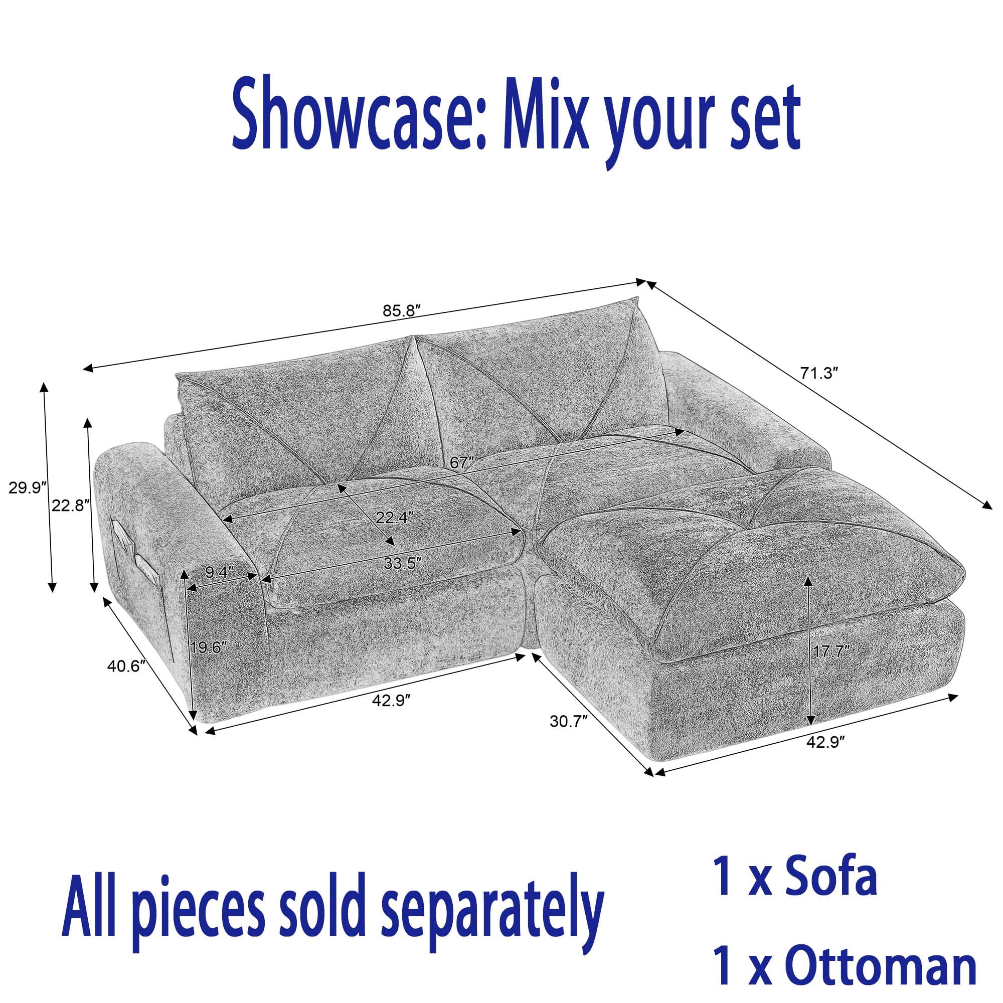 Miniyam 86" x 40" Dark Gray 2-Seater Sofa, Modular & Expandable to L-Shape or U-Shape with Optional Ottoman/Chaise