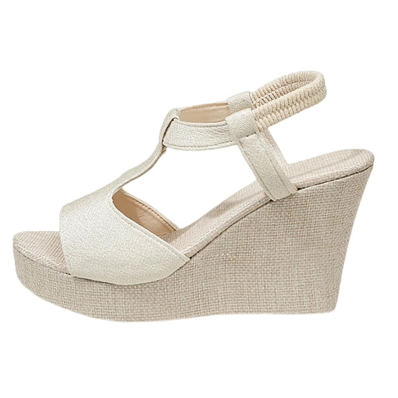 Hurxie Women's Low Wedge Heels Summer Dressy Platform Sandals Elastic Ankle Strap Open Toe Flower Shoes Beige 9