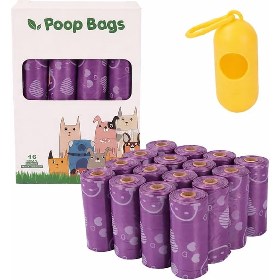 Dog Poop Bags with Dispenser, 16 Rolls Compostable Pet Waste Bags, Leakproof Heavy Duty for Dog Walking, Purple