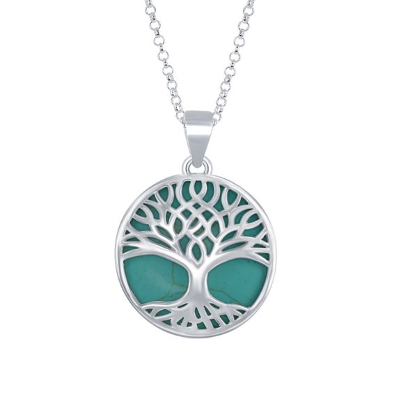 Silver Roots Sterling Silver Large Round Green Turquoise with Tree of Life Pendant Necklace