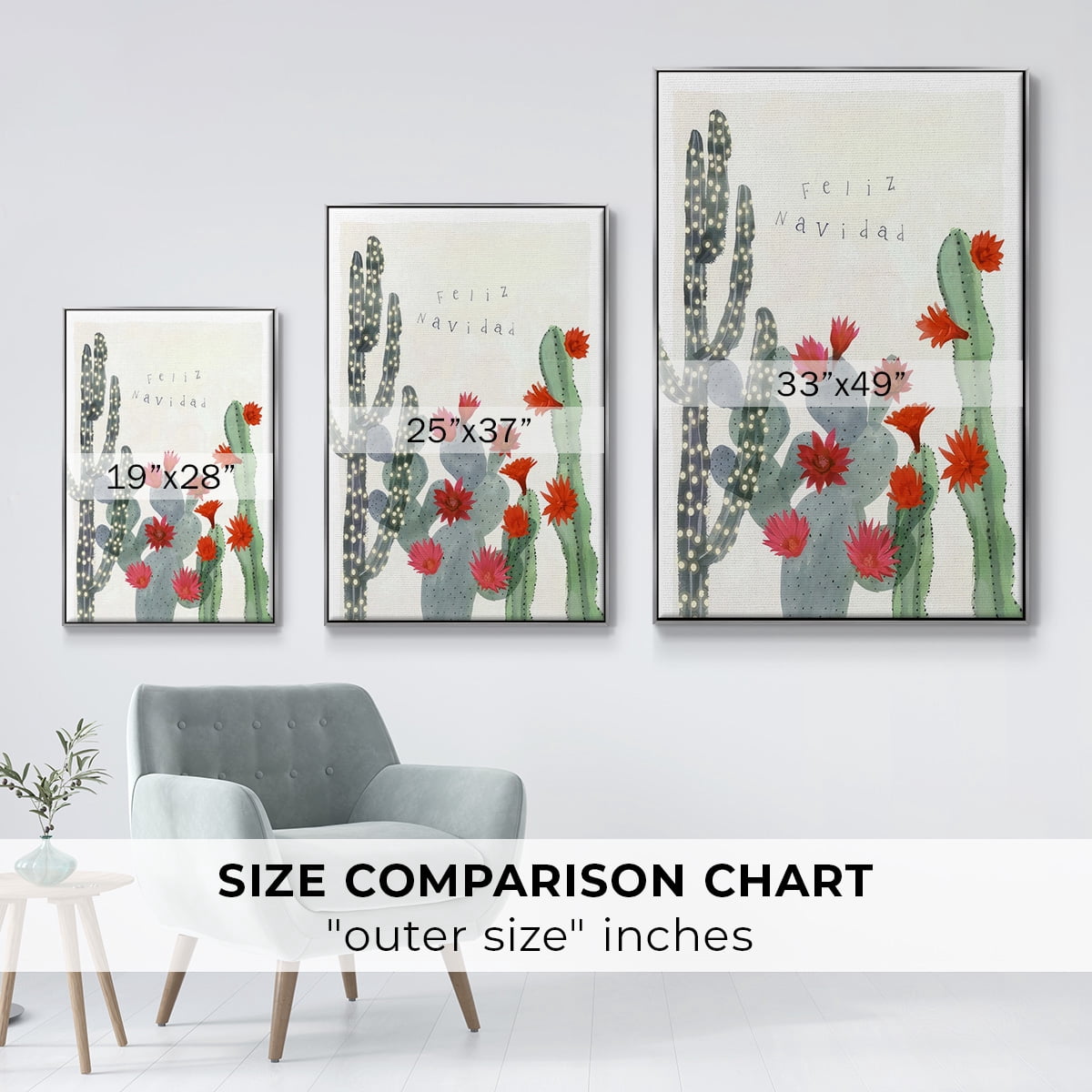 Desert Christmas Cactus II - Framed Gallery Wrapped Holiday Canvas - 27 x 41 - Silver Frame