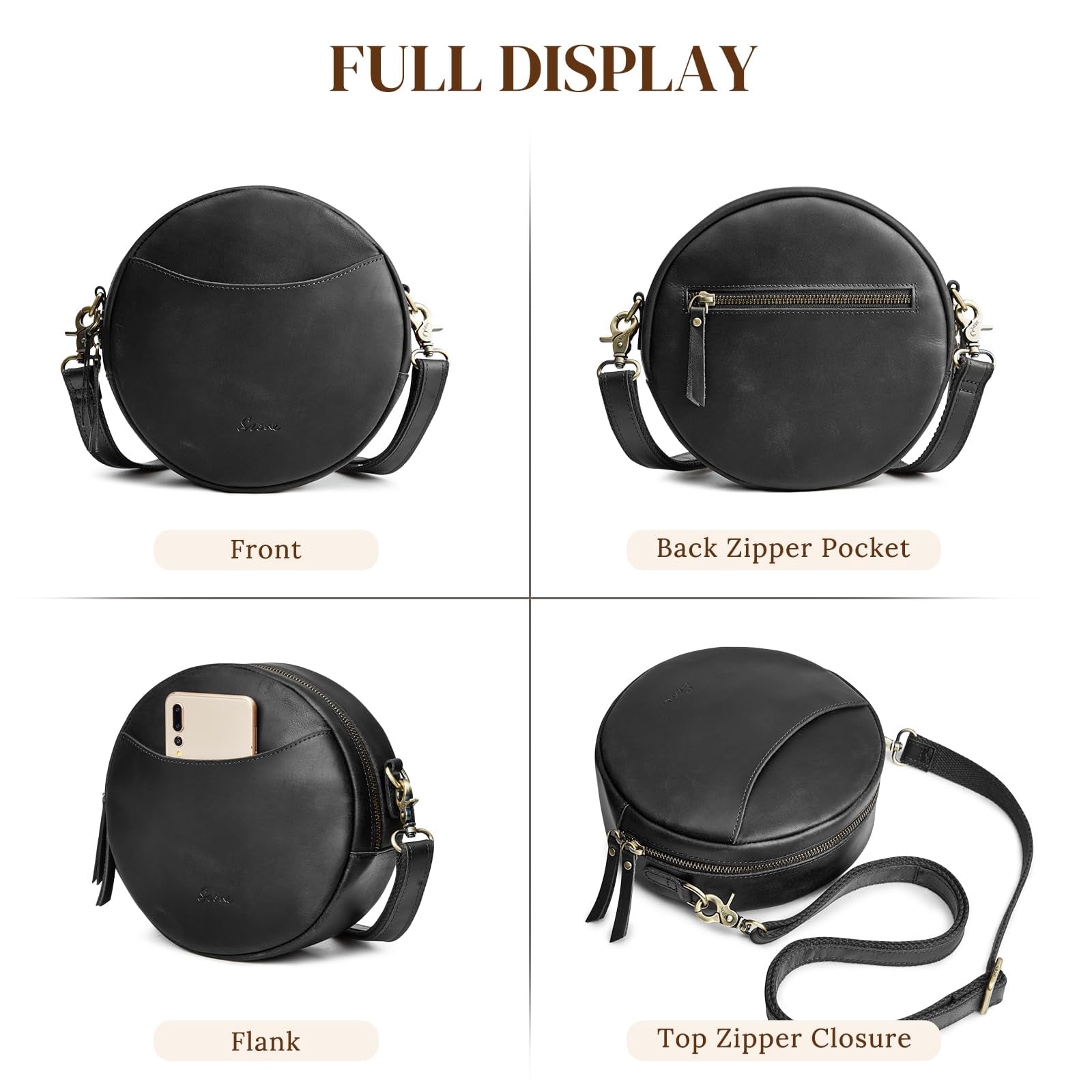 S-ZONE Leather Crossbody Bags for Women Trendy Circle Cross Body Shoulder Bag Designer Round Purses