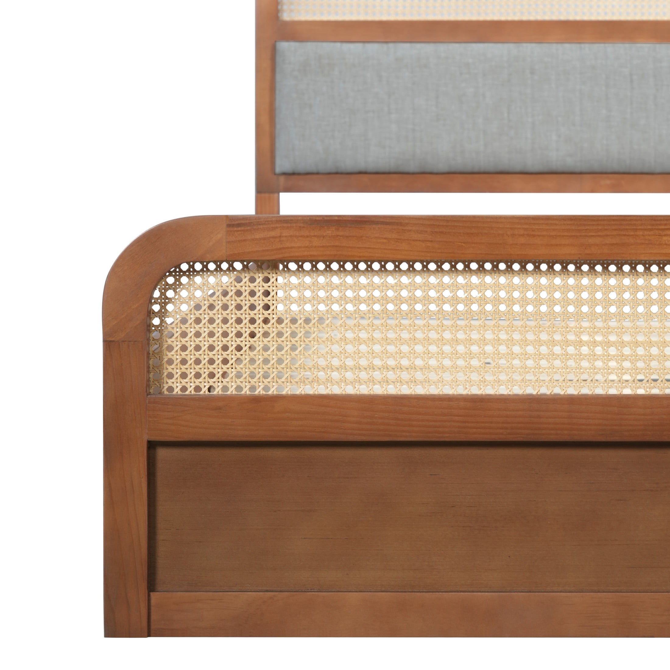 Christopher Knight Home Queen Wood Platform Bed with Rattan & Gray Upholstered Headboard, Brown Finish