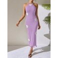 thumbnail image 4 of Lilac Purple Floral Embellished Halter Neck Fitted Sleeveless Midi Dress With Tassel Hem, 4 of 6