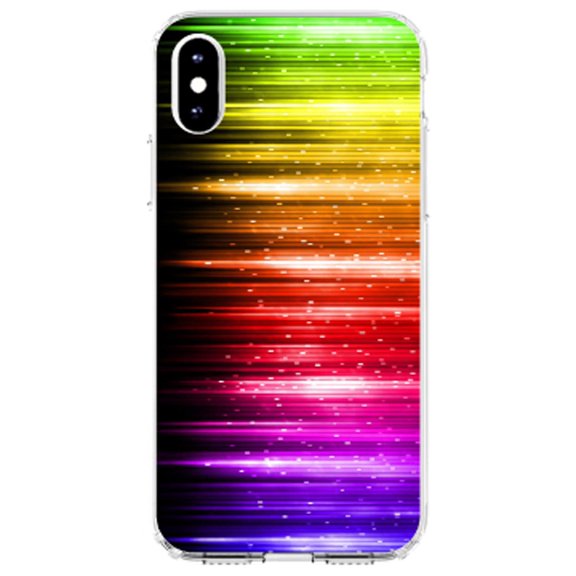 DistinctInk Clear Shockproof Hybrid Case for iPhone XR (6.1" Screen) - TPU Bumper, Acrylic Back, Tempered Glass Screen Protector - Rainbow Light Glowing Lines
