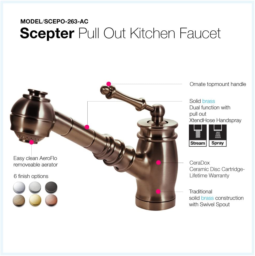 Houzer Scepter Pull Out Kitchen Faucet with CeraDox Technology, Antique Copper (SCEPO-263-AC)