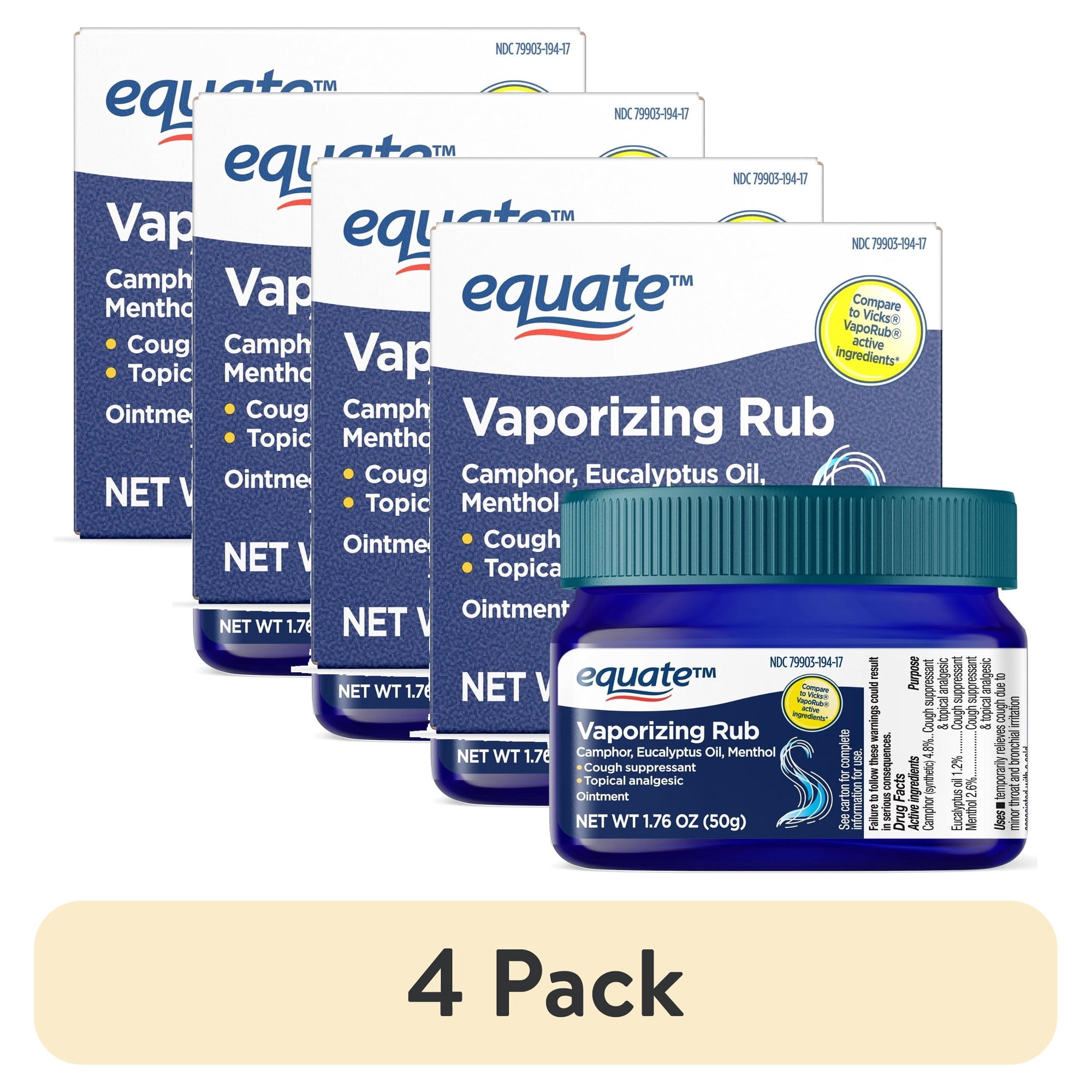 (4 pack) Equate Vaporizing Rub Topical Analgesic & Cough Suppressant Ointment, 1.76 oz, Compare to Vicks® VapoRub® Active Ingredients