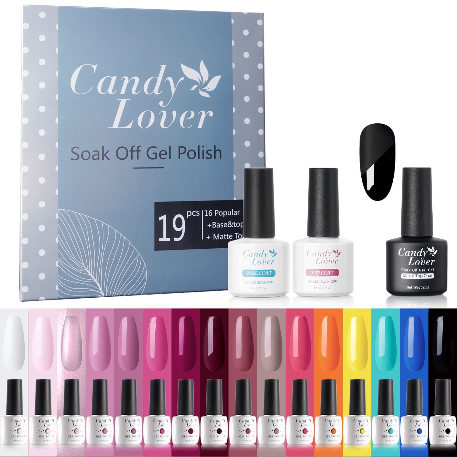 Candy Lover Gel Nail Polish Set with Top and Base Coat & Matte Coat, 16 ...
