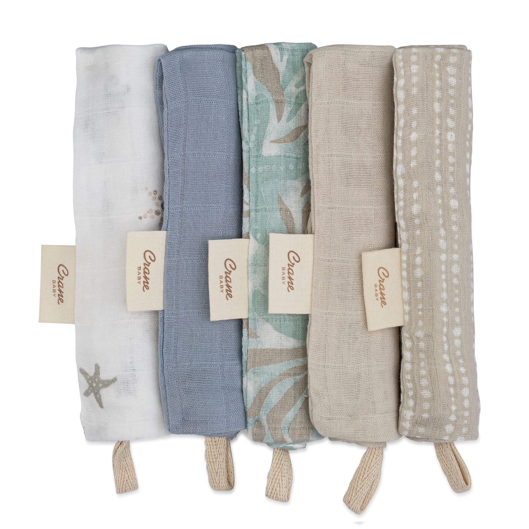 Crane Baby Wash Cloth Set, 100% Cotton Baby Washcloths, Set of 5 Baby Washcloths, Sea Life Starfish Theme, Baby Washcloths For Newborn, Muslin Baby Washcloths, Newborn Baby Gift, Baby Registry Gift