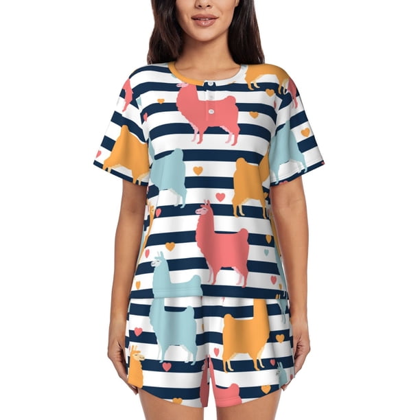 Fotbe Colorful Llama Conjunto de Pijama Estampado para Mujer, 2 Piezas, Ropa de Dormir con Camiseta de Manga Corta y Shorts Suaves-Medium