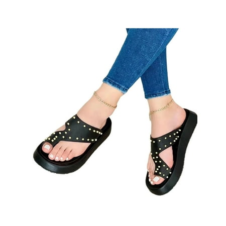 

Eloshman Ladies Flip-flops Clip Toe Slippers Slip On Sandals Beach Lightweight Studded Casual Shoes Fashion Shoe Black 5