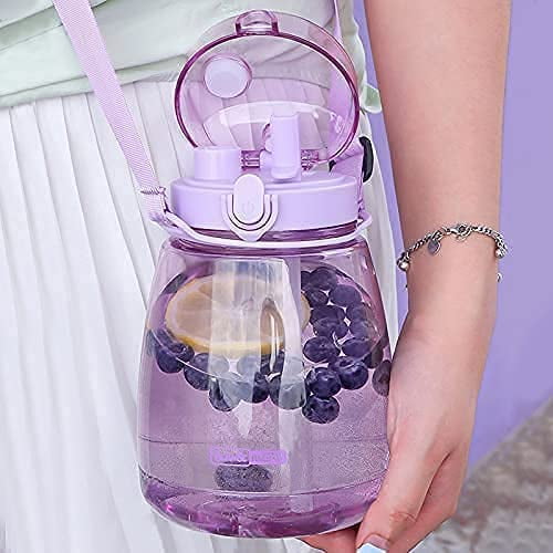 Botellas de agua estéticas para mujeres, lindas botellas de agua con pajita, jarra de agua de plástico con correa, color morado