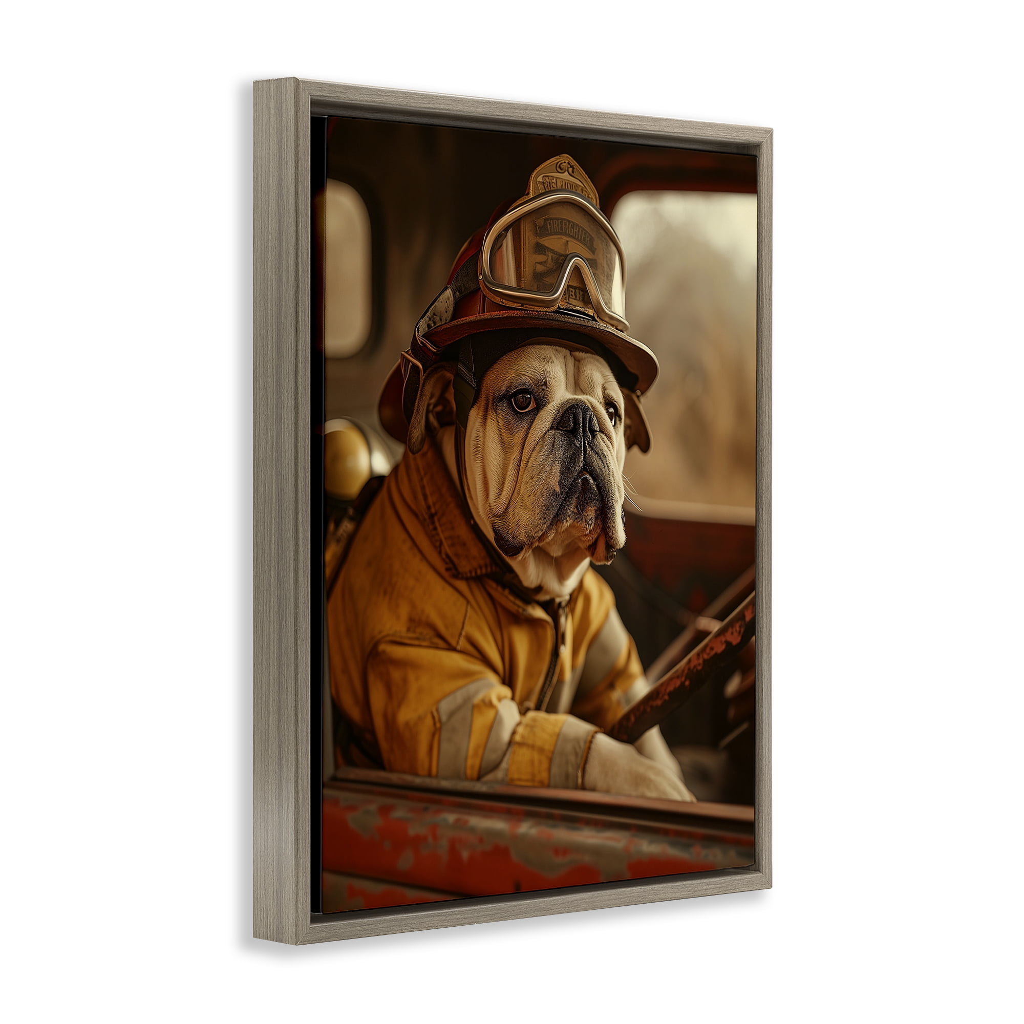 Stupell Industries Rustic Bulldog Fireman Novelty Painting Brown Floater Framed Canvas Art Print Wall Art, 25 x 31