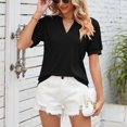 thumbnail image 3 of Camisas plisadas de manga corta abombadas para mujer, camisetas holgadas informales de Color puro a la moda con cuello en V de manga corta para mujer, color negro XXL, 3 of 7