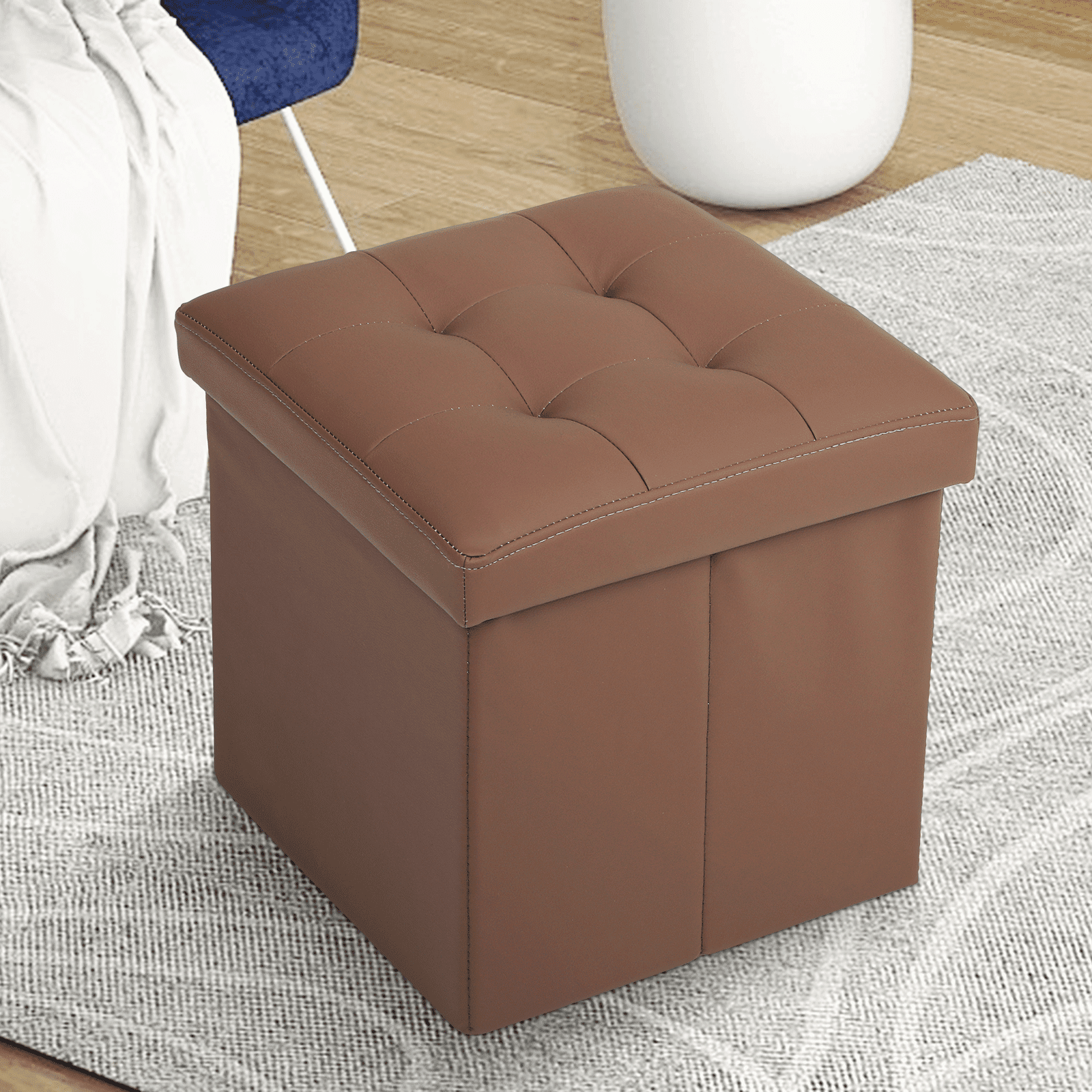 MoNiBloom 15" Cube Collapsible Ottoman with Storage, PU Leather Storage Ottoman Footrest, for Living Room Bedroom Entryway, Brown