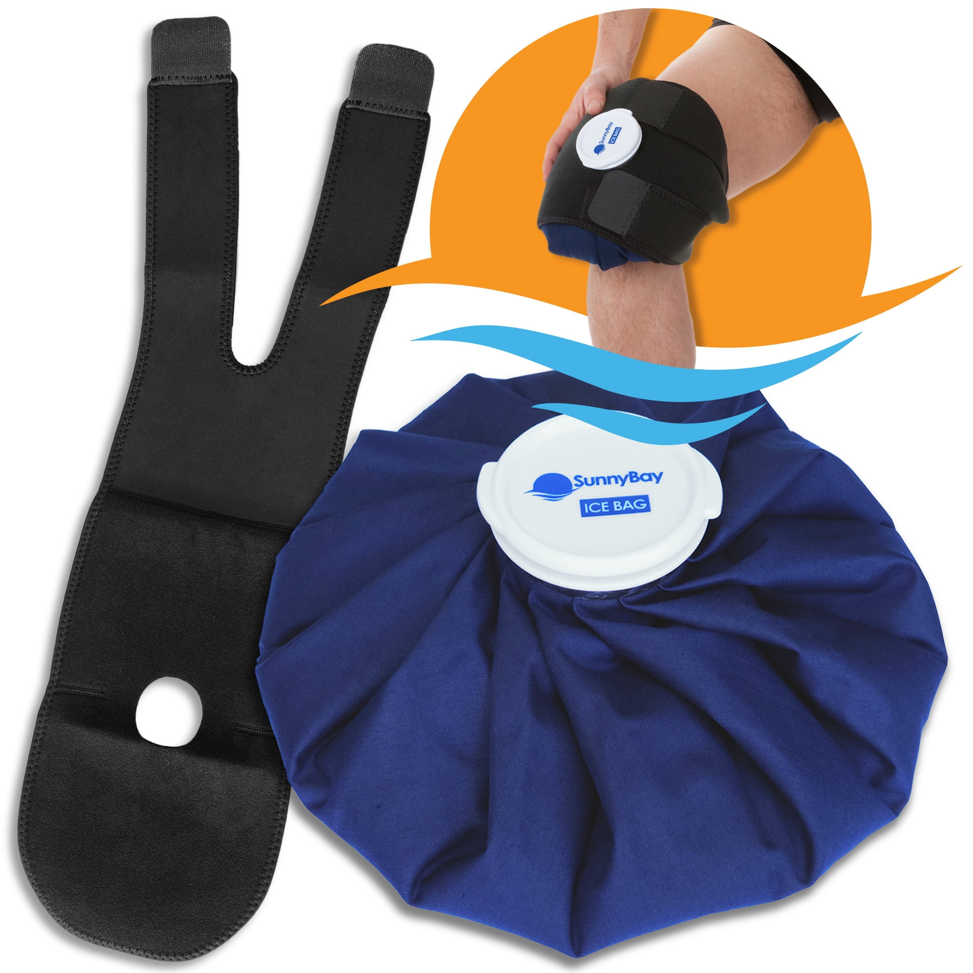 SunnyBay Reusable Large Ice Bag (11 inches) with Strap (28 inches): Cold Therapy for Knee Injury, Icing after Physical Therapy, Blue, Black