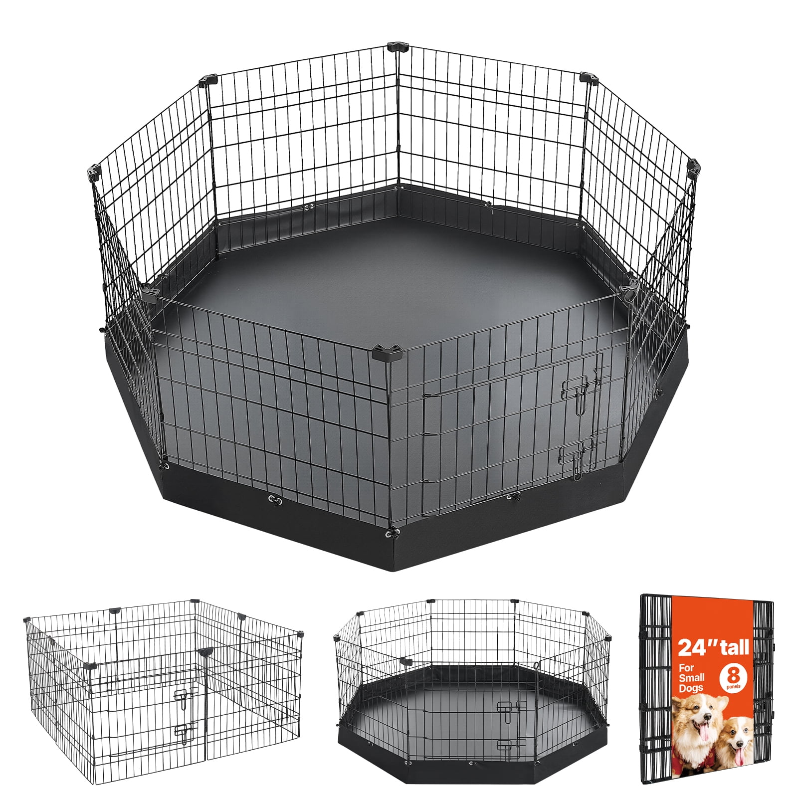 KFFKFF 24-Inch 8-Panel Metal Pet Playpen with Bottom Pad, Foldable Indoor Exercise Fence with Door, Suitable for Small Animals like Dogs, Cats, and Puppies, Black