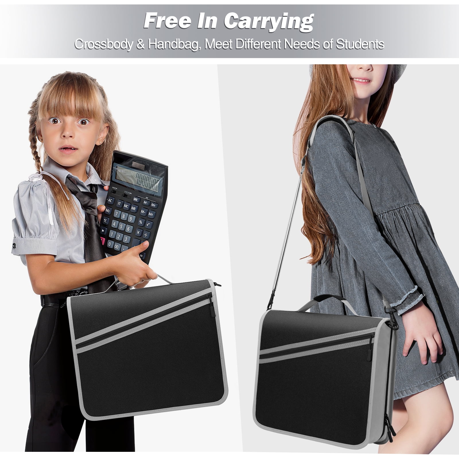 MoKo Zipper Binder, 3 inch 3 Ring 600 Sheet Capacity Multi-Pocket School Binder with Handle and Shoulder Strap, School Supplies, Black