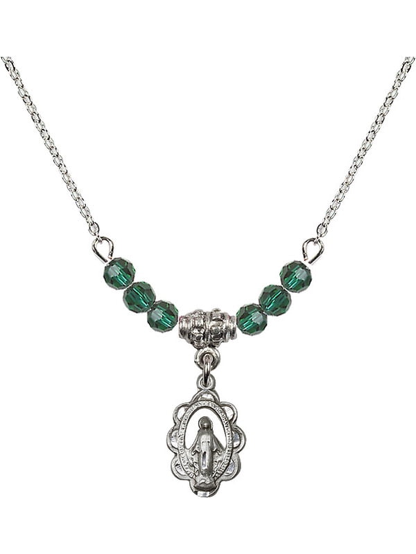 18-Inch Rhodium Plated Necklace with 4mm Zircon Birthstone Beads and Sterling Silver Miraculous Charm. 18-Inch Rhodium Plated Necklace with 4mm Zircon Birthstone Beads and Sterling Silver Miraculous Charm.