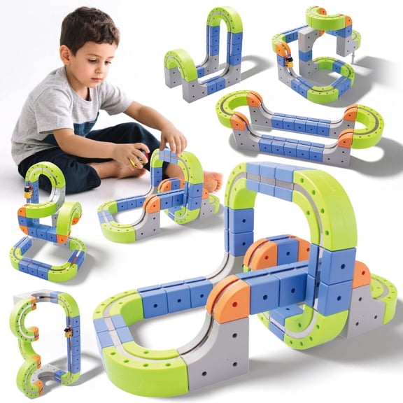 VEAIS Electric Magnetic Train Track Set DIY Racing Construction Kit STEM Toy with Trains and Traffic Signs 69 Pieces for Kids 3-8 Years