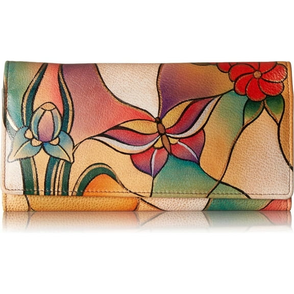 Anna by Anuschka Women's Hand Painted Genuine Leather Multi Pocket Wallet - Butterfly Glass Painting
