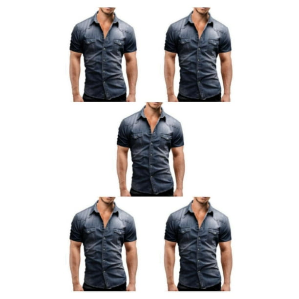 Camisa de mezclilla Qarigey para Hombre Suave Delgada de Manga Corta Estilo Americano Cierre de Botón Superior