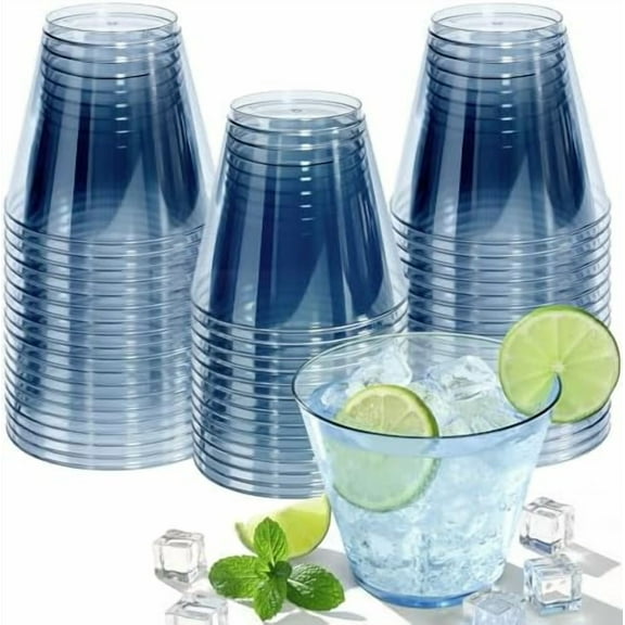 9 oz Clear Plastic Cups Blue Plastic Disposable Cups for Cocktail 50 Pack Fancy Cocktail Cup for Party Stemless Wine Glasses for Party Wedding Graduation Birthday