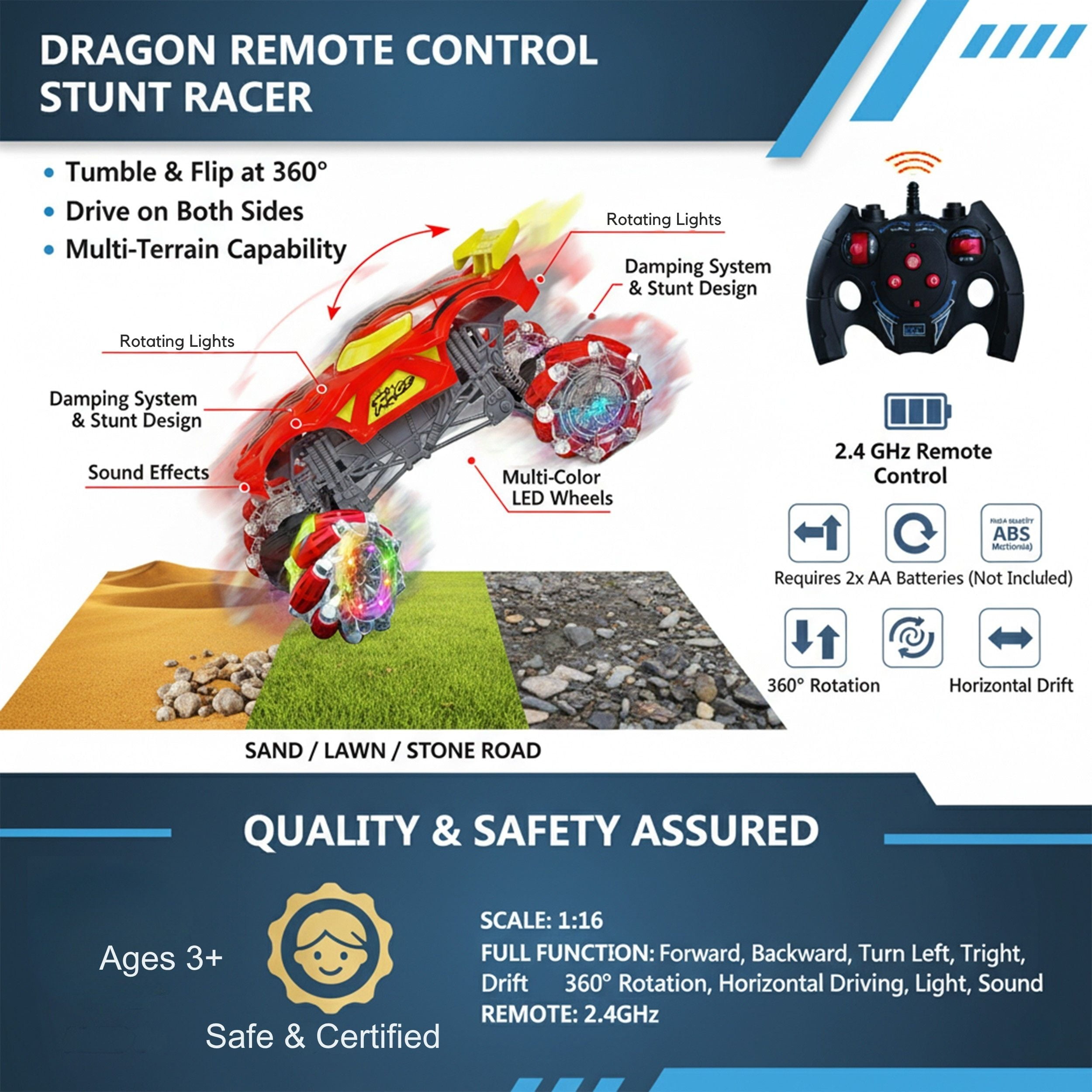 Remote Control Monster Truck 1:16 Scale – 2.4 GHz Stunt & Drift RC Car with Light-Up Headlights, 360° Rotating Crawler for Kids