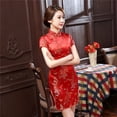 thumbnail image 2 of Vestido cheongsam para mujer Qipao ajustado de manga corta con cuello mandarín y abertura lateral con estampado floral chino y dragón, 2 of 6