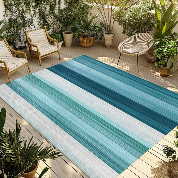 Fsddascl Teal Blue Green Outdoor Rug for Patio/Deck/Porch, Non-Slip Large Area Rug 6 x 9 Ft, Modern Ombre Minimalism Abstract Stripes Indoor Outdoor Rugs Washable Area Rugs, Camping Rug Carpet