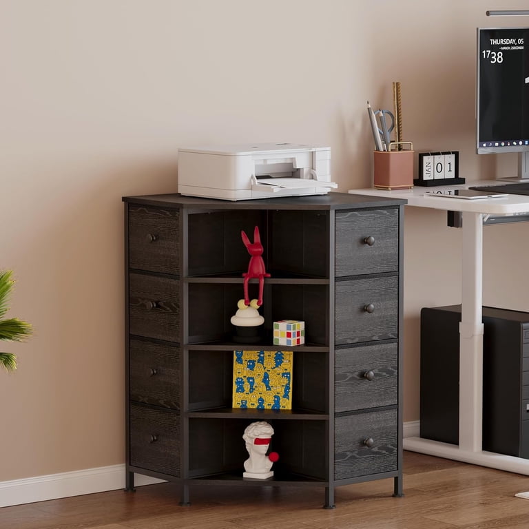 8-Drawer Corner Dresser with Storage Fabric Drawers and Open Shelves for Small Space Bedroom Entryway Living Room Black Wood Veins