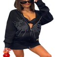 thumbnail image 1 of Rhinestone Spider Web Print Hooded Sweatshirt for Women with Zipper, 1 of 6