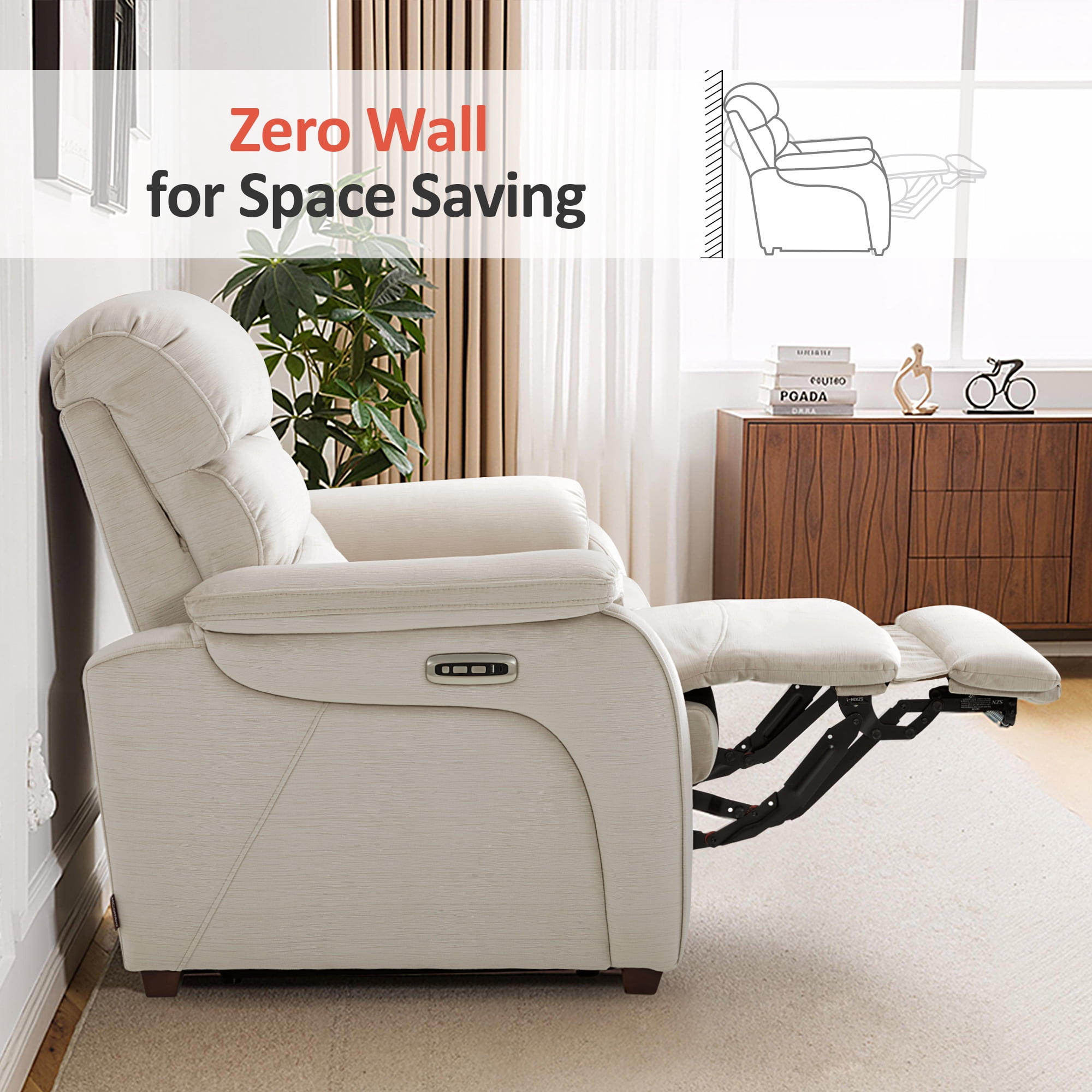 MCombo Zero Wall Hugger Power Recliner Loveseat for Living Room, RVs, Small Spaces, Fabric, Beige