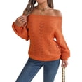 thumbnail image 3 of Crochet Tops for Women Off the Shoulder Sweaters Summer Long Sleeve Hollow Out Knit Beach Clothes Orange M, 3 of 9