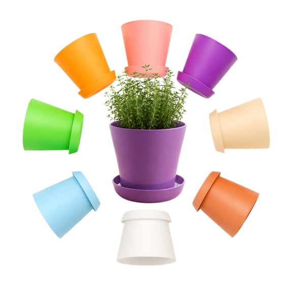Artrylin 8 Pack 4.7" Plastic Flower Pots with Saucer & Drainage Holes, Colorful Indoor Outdoor Small Planters for Succulents Herbs