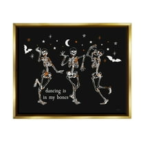 Stupell Industries Dancing In My Bones Skeletons Holiday Painting Gold Floater Framed Art Print Wall Art, 31 x 25