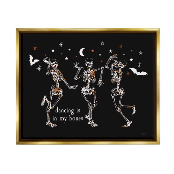Stupell Industries Dancing In My Bones Skeletons Holiday Painting Gold Floater Framed Art Print Wall Art, 31 x 25