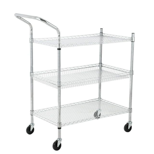 Utility Cart – Commercial Grade 3-Tier Metal Storage Trolley with High Handle & Wire Shelves – Heavy Duty Adjustable Rack for Kitchen, Office, Restaurant – 1-Pack