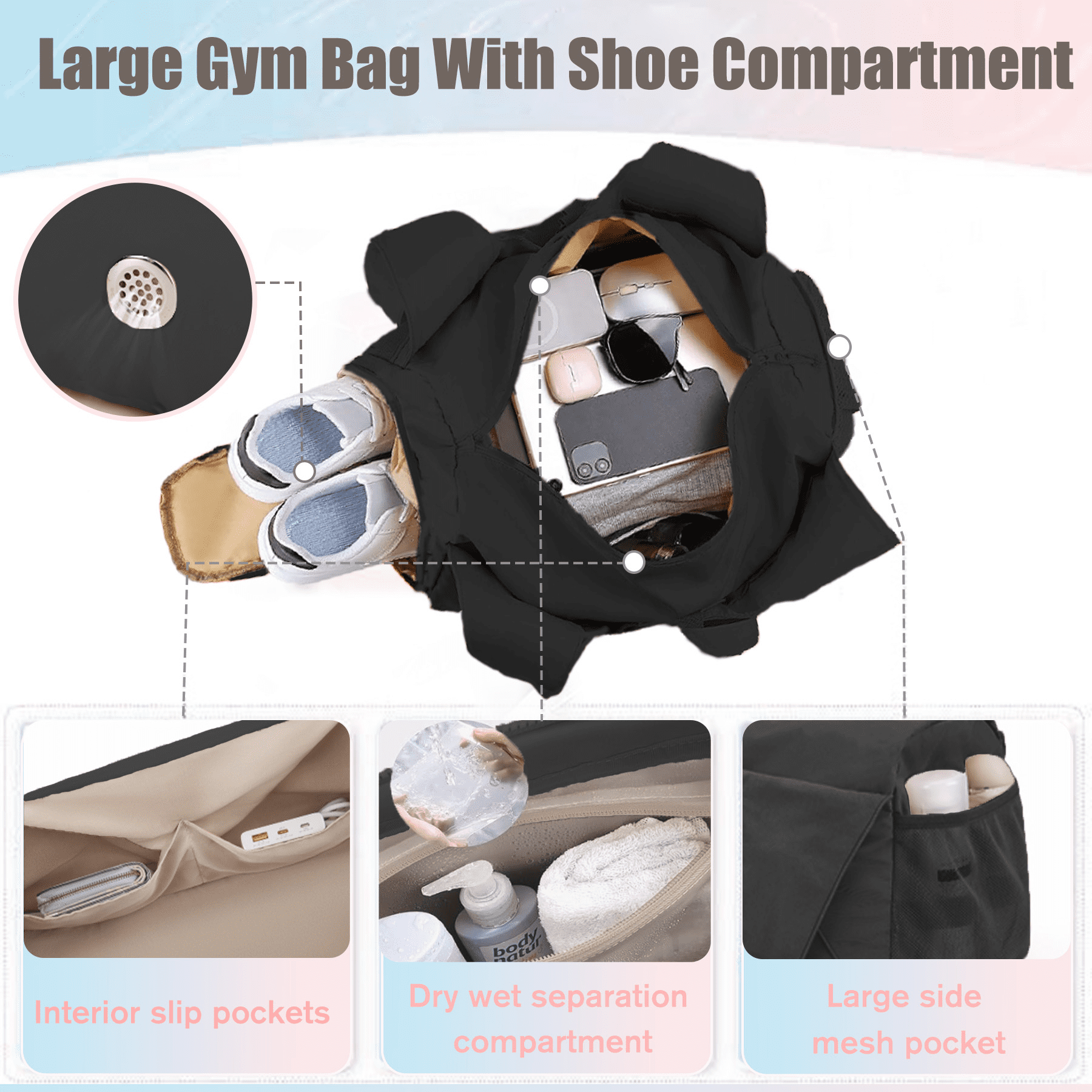 stillithou Waterproof Gym Bag Women Men, Foldable Sports Duffle Bag with Water Bottle Carrier Bag, Lightweight Travel Duffle Bag with Shoe Compartment for Gym, Yoga, Travel, Black