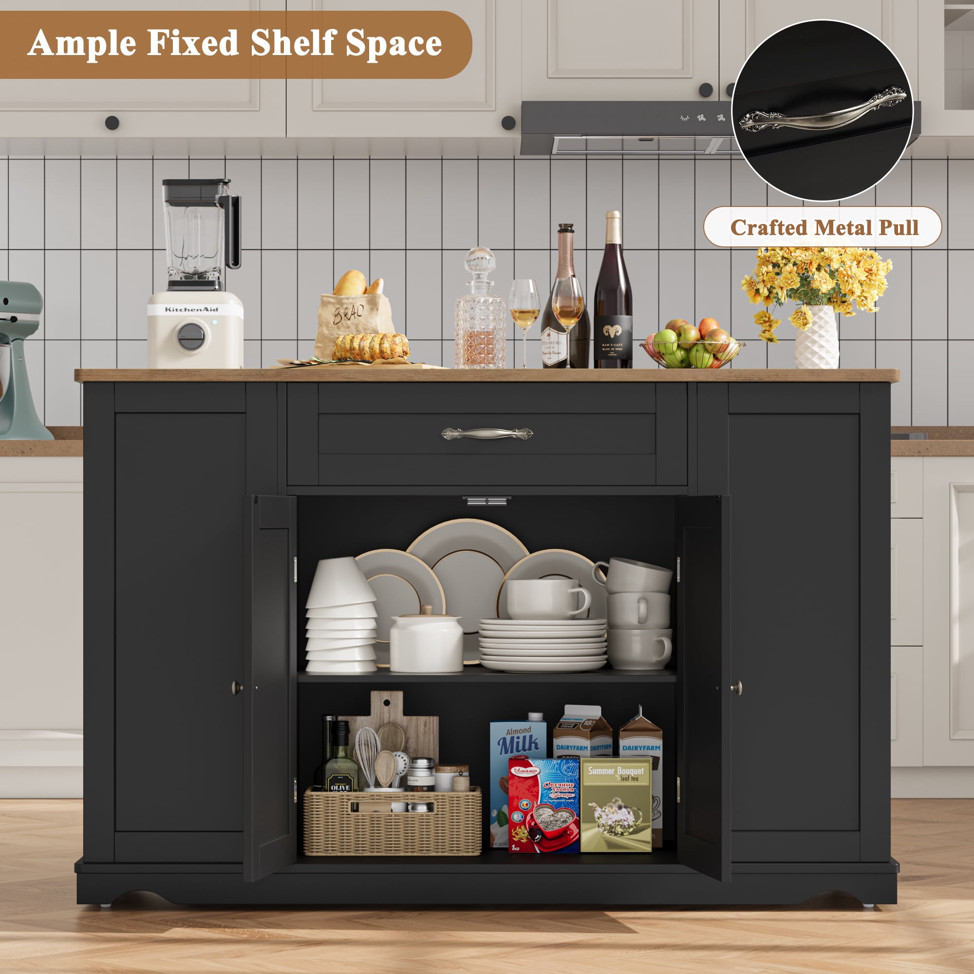 Homfa Kitchen Island with Wheels & Adjustable Shelf, 2 Drawer Modern Buffet Cabinet Sideboard Coffee Bar for Dining Room Living Room, Black