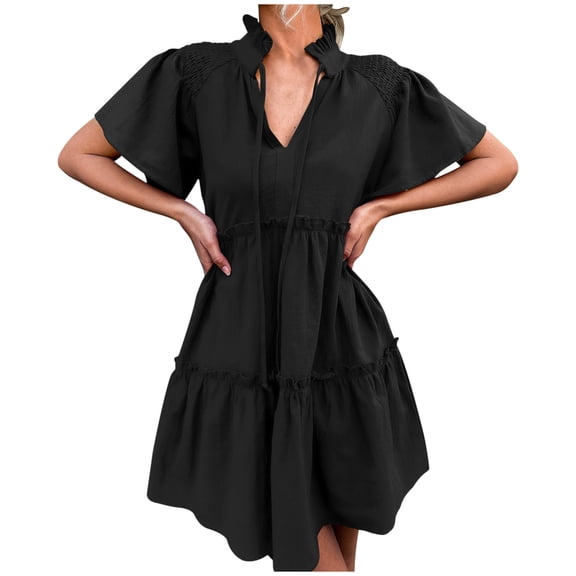 AOOCHASLIY Clarance Dresses for Women 2022Short Sleeve Dress For Women V Neck Solid Dress Casual Ruffles Dress