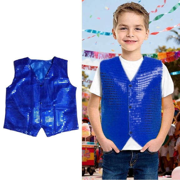 Kids Girls Boys Glitter Sequin Vest Sleeveless V Neck Waistcoat Tops for Latin Jazz Hi Hop Stage Performance 3-4 Years