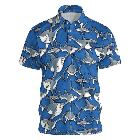 Men's Polo Shirts Classic Fit Short Sleeve Shark Print Shirts Lightweight Button Turndown Collar Casual Shirts for Men