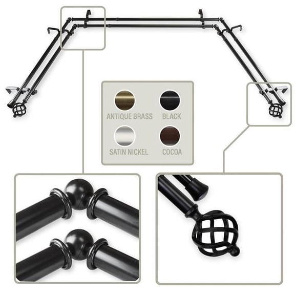 Central Design ABAY-42-2D 0.8125 in. Giro Bay Window Double Curtain Rod with Side Rod Extends Upto 20 to 36 in. & Center Rod Extends Upto 38 to 72 in., Black