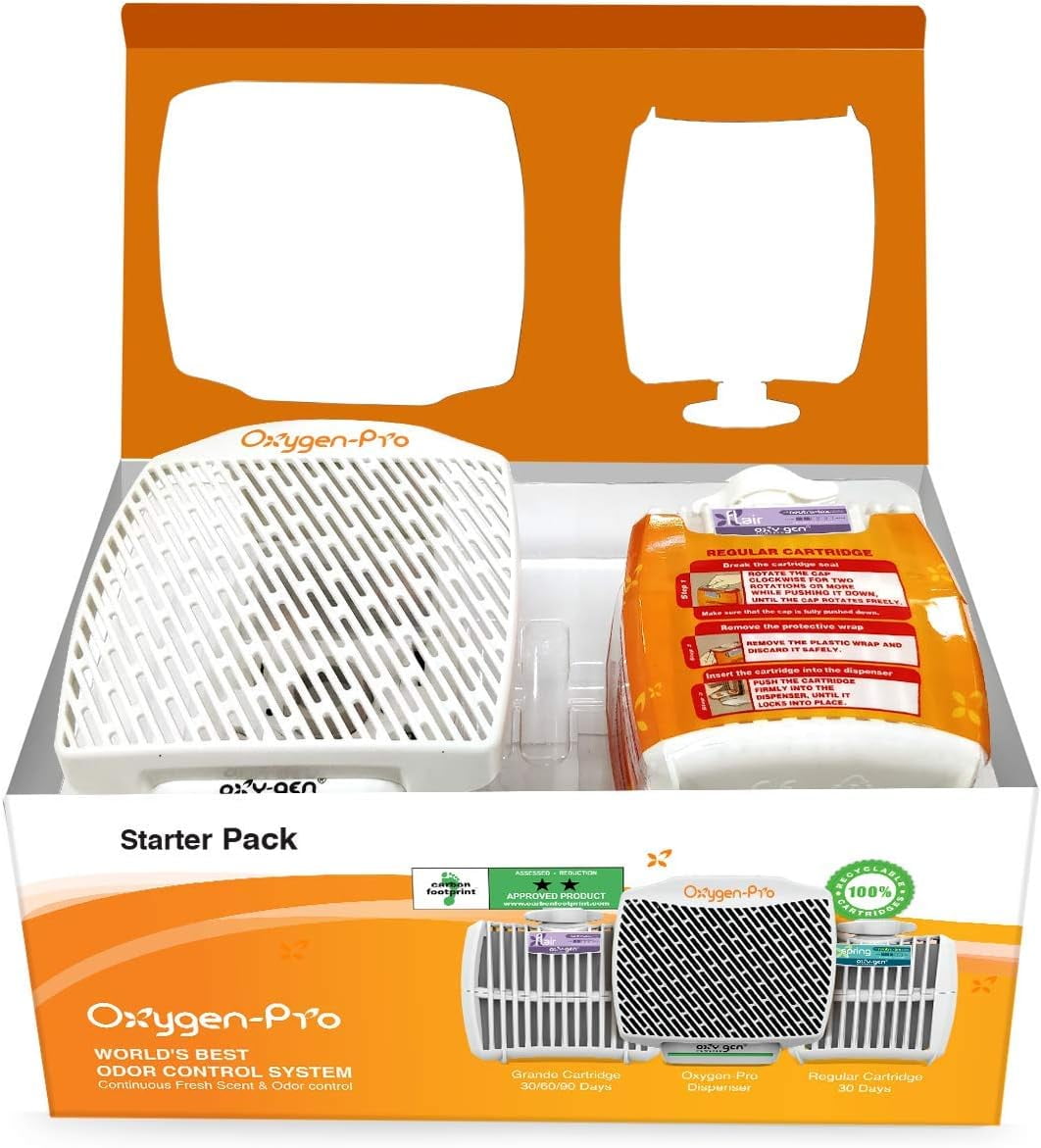 Oxygen-Pro - Grande Starter Kit - Commercial Air Freshener and Deodorizer, Wall Mounted, Battery Operated Automatic Dispenser, Odor Eliminator, and Fragrancing System (Light)