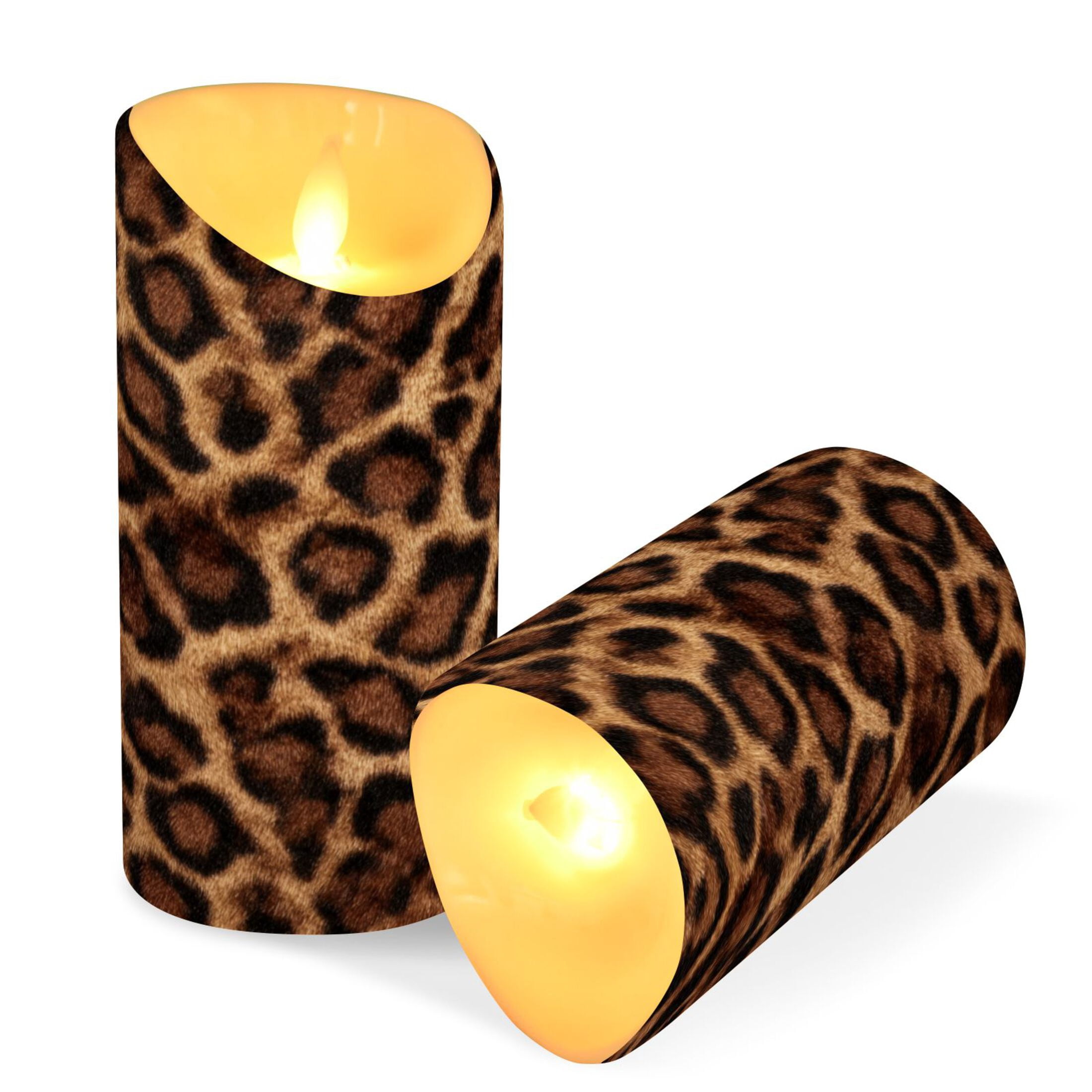 Iauyy Flameless Candles Battery Operated LED Pillar Candles with Remote and Timer, Brown Leopard Print Set of 2 （M)