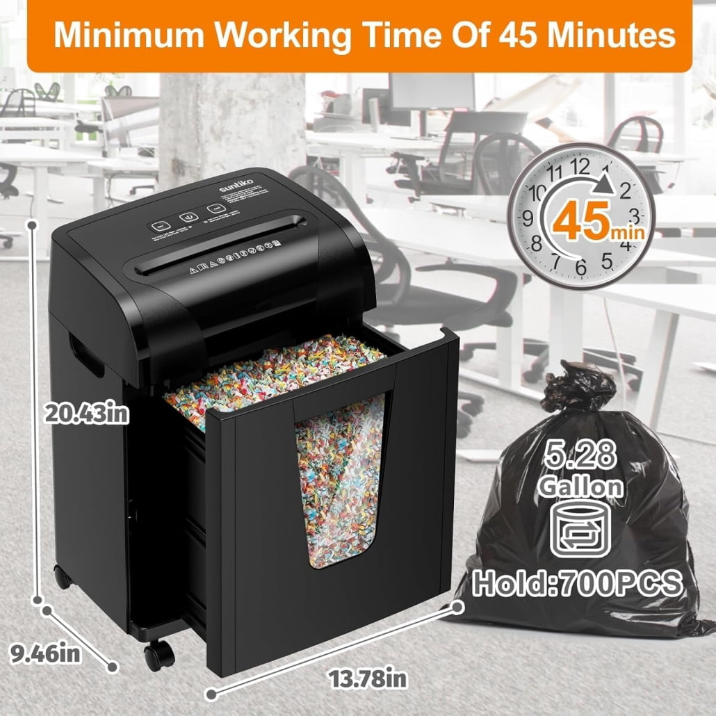 18-Sheet Cross Cut Paper Shredder, Office Shredder with 5.28 Gallon Pullout Bin, 45 Mins, Insert Auto Jam Proof System for Home Office Use, Black