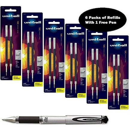 Black Gel Refills - Uni-ball Signo Impact 207 Refills, Black Gel Ink, 1.0mm Bold Point, 6 Packs of Refills 65808 with 1 Pen