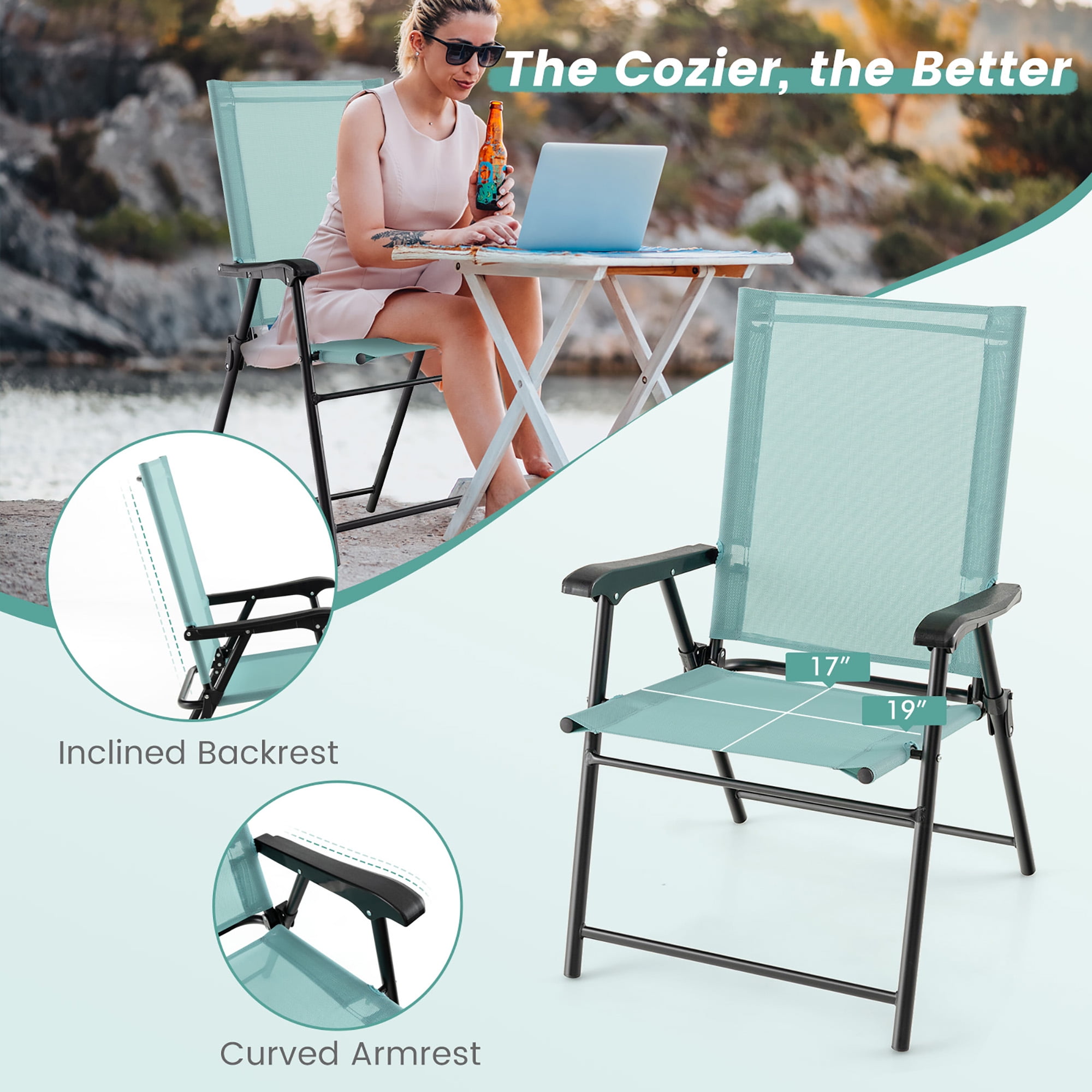 Costway Patio 4pcs Folding Sling Back Chair Portable Armrests Metal Outdoor Dining Green