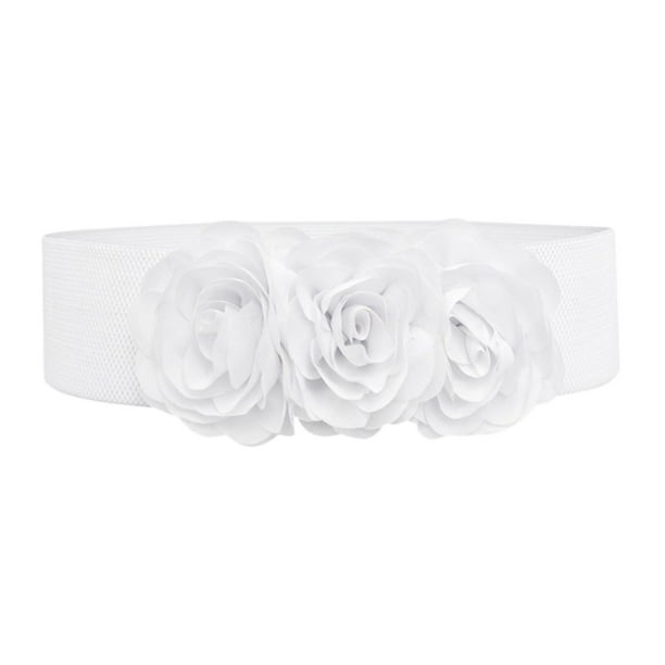 Cinturón elástico ancho para mujer, cinturón de cintura elástica con flores grandes, estilo vintage. Blanco